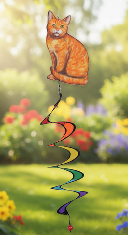 Colorful wind spinner shaped like a cat on a white background