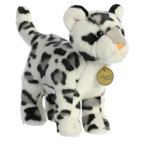 Snow Leopard Plush by Miyoni, realistic and cute design, hand-stitched, unique cuddly toy, 4.5" x 9" x 8"
