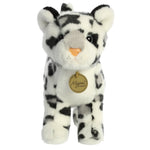 Snow Leopard Plush standing on all fours with a curled tail, featuring Miyoni's signature hang tag.
