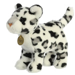Snow Leopard Plush standing on all fours, white with spots, hand-stitched for unique charm and quality.