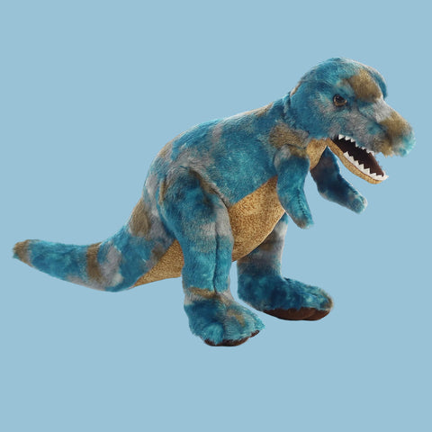 Plush dinosaur toy with blue and brown coloration on a white background