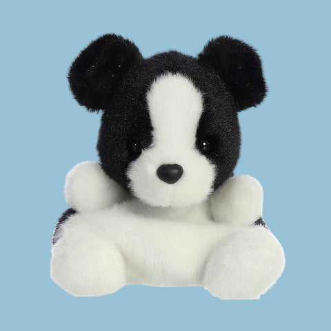 Black and white stuffed animal toy on a blue background