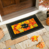 Peekaboo Cat Sassafras Switch Mat featuring a black cat among autumn leaves at a front door.