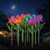 Set of colorful solar lights shaped like flowers on a Regal Art & Gift branded box.
