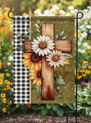 Decorative cross with sunflowers and daisies on a green background with checkered border