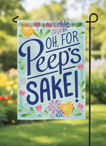 Cartoon-style text 'Oh, For Peep's Sake!' with Easter chicks and flowers on a light blue background