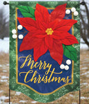 Decorative Christmas flag with a red poinsettia flower and 'Merry Christmas' text on a green background.