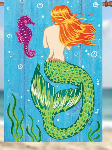Decorative flag with a mermaid and seahorse on a blue background