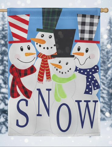 Decorative flag with four snowmen wearing colorful hats and scarves, and the word 'SNOW' below them.