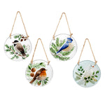 Woodland Storybook Suncatchers set featuring Robin, Dove, Blue Jay, and Chickadee designs hanging with twine.