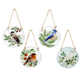 Woodland Storybook Suncatchers set featuring Robin, Dove, Blue Jay, and Chickadee designs hanging with twine.