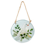 Woodland Storybook Suncatchers hand-painted white dove design with greenery, perfect for window display.