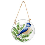 Woodland Storybook Suncatchers featuring a Blue Jay on a round glass design with green pine branches.