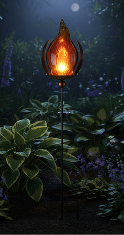 Decorative garden stake with a flame-shaped glass top on a white background