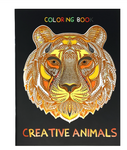 Coloring book cover with a tiger design and 'Creative Animals' text on a black background