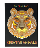 Coloring book cover with a tiger design and 'Creative Animals' text on a black background