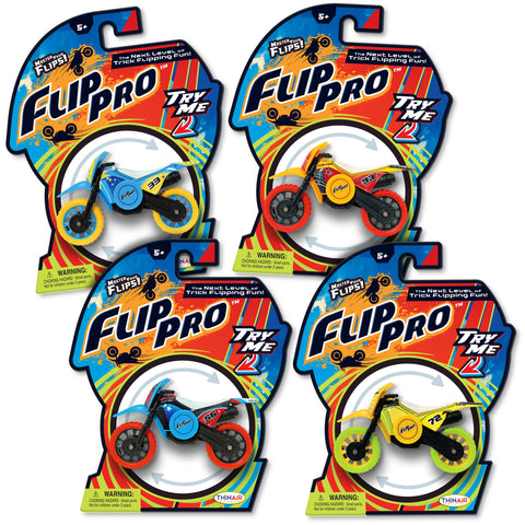 Four packages of Flip Pro toy vehicles on a white background