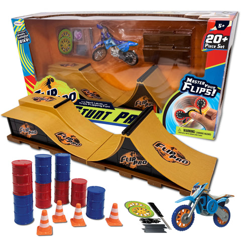 Flippin' Pro stunt park toy set with packaging, including ramps and mini dirt bikes.