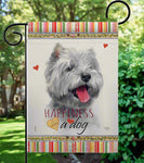 Decorative garden flag with a dog illustration and text 'Happiness is a dog' on a white background.