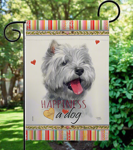 Decorative garden flag with a dog illustration and text 'Happiness is a dog' on a white background.