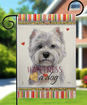 Decorative garden flag with a dog illustration and 'Happiness is a dog' text on a colorful border.