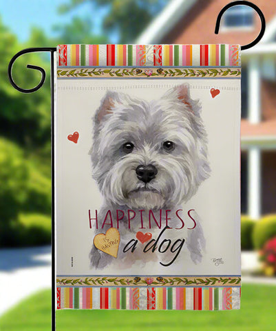 Decorative garden flag with a dog illustration and 'Happiness is a dog' text on a colorful border.