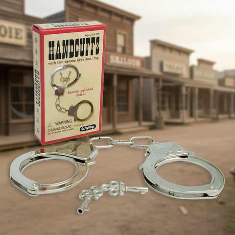 Metallic handcuffs with keys and packaging on a white background
