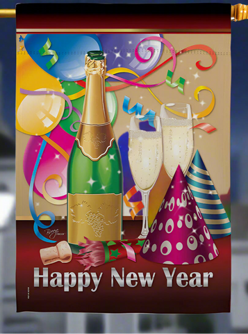 Decorative flag with New Year's celebration elements including a bottle of champagne, glasses, and party hats.