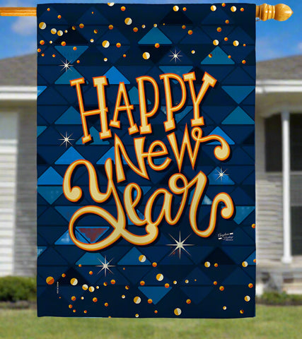 Decorative flag with 'Happy New Year' text on a blue geometric pattern background