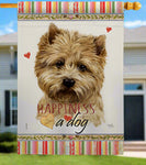 Decorative flag with a dog illustration and 'Happiness is a dog' text on a white background.