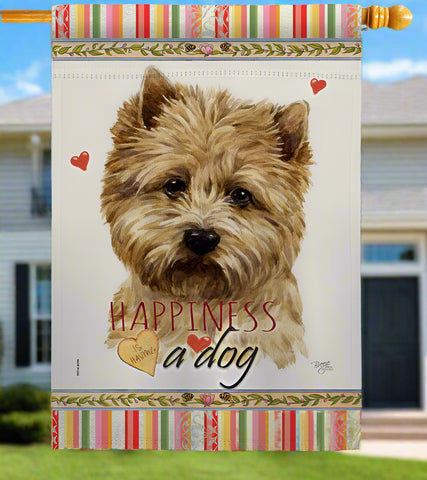 Decorative flag with a dog illustration and 'Happiness is a dog' text on a white background.