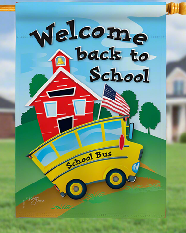 Decorative flag with a school bus, red building, and 'Welcome back to School' text on a blue sky background.