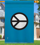 Blue flag with a black and white circular symbol on a white background
