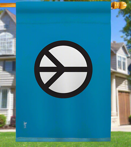 Blue flag with a black and white circular symbol on a white background