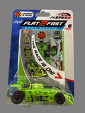 Packaged toy race car with 'Flat2Fast' branding on a gray surface