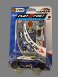 Packaged Flat2Fast car racers on a gray surface