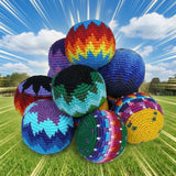 Colorful crocheted balls on a white background