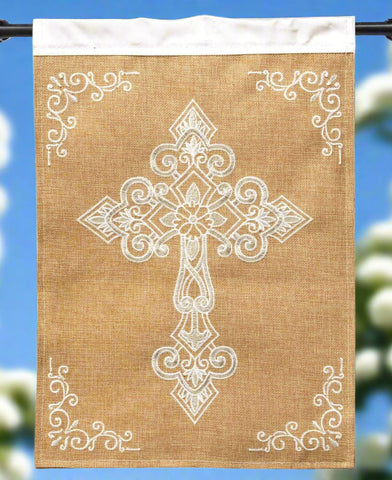 White Celtic Cross Burlap House Flag