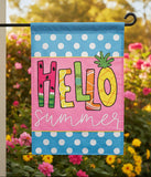 Decorative house flag with 'Hello Summer' text and pineapple graphic on a polka dot background