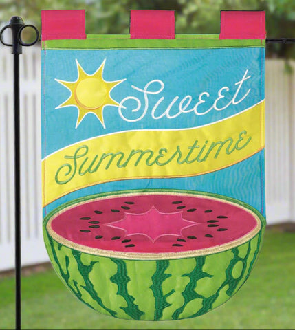 Colorful bag with watermelon design and 'Sweet Summertime' text on a white background