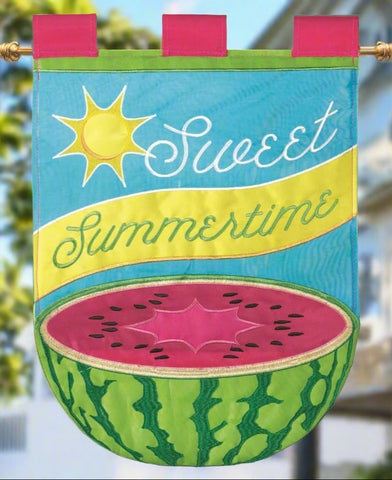 Colorful bag with watermelon design and 'Sweet Summertime' text on a white background