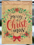 Merry Christ Mas Wreath Burlap Garden Flag featuring a festive wreath and cheerful greeting.
