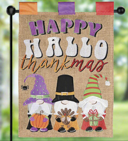 Hallo-Thankmas Gnomes Burlap Garden Flag