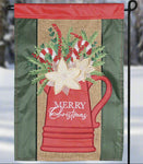 Merry Christmas Pitcher Double Applique Garden Flag displaying a red pitcher with holiday florals and candy canes.