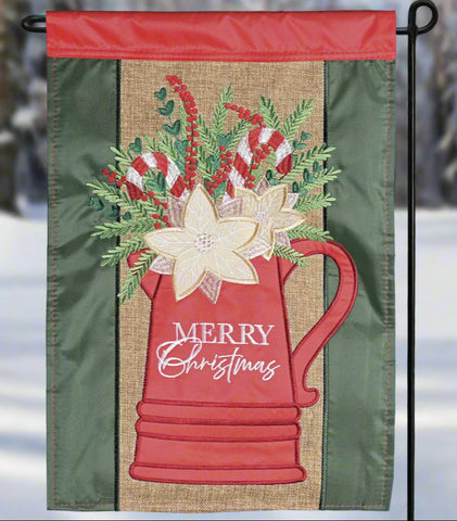 Merry Christmas Pitcher Double Applique Garden Flag displaying a red pitcher with holiday florals and candy canes.
