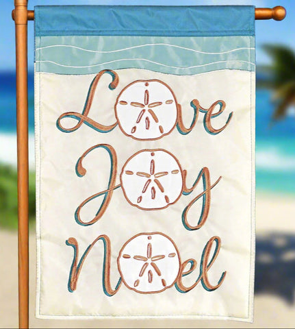 Love, Joy, Noel Coastal Applique Garden Flag showcasing a serene beach design with sand dollars.
