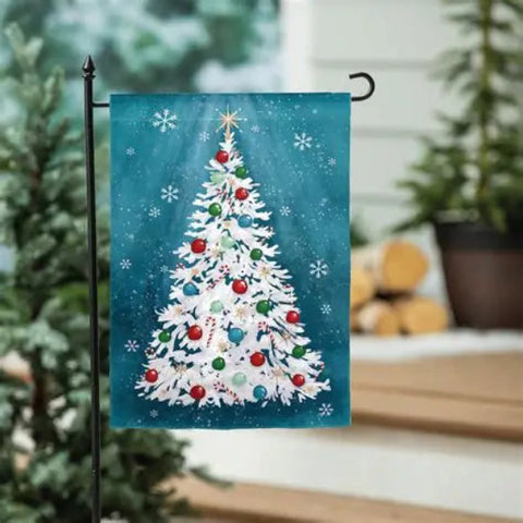 White Christmas Tree Burlap Garden Flag