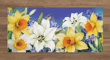 Floral design with yellow and white flowers on a blue background