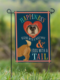 Garden flag with a dog illustration and text about happiness in a natural setting