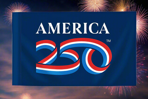 Flag with 'AMERICA 250' text on a blue background